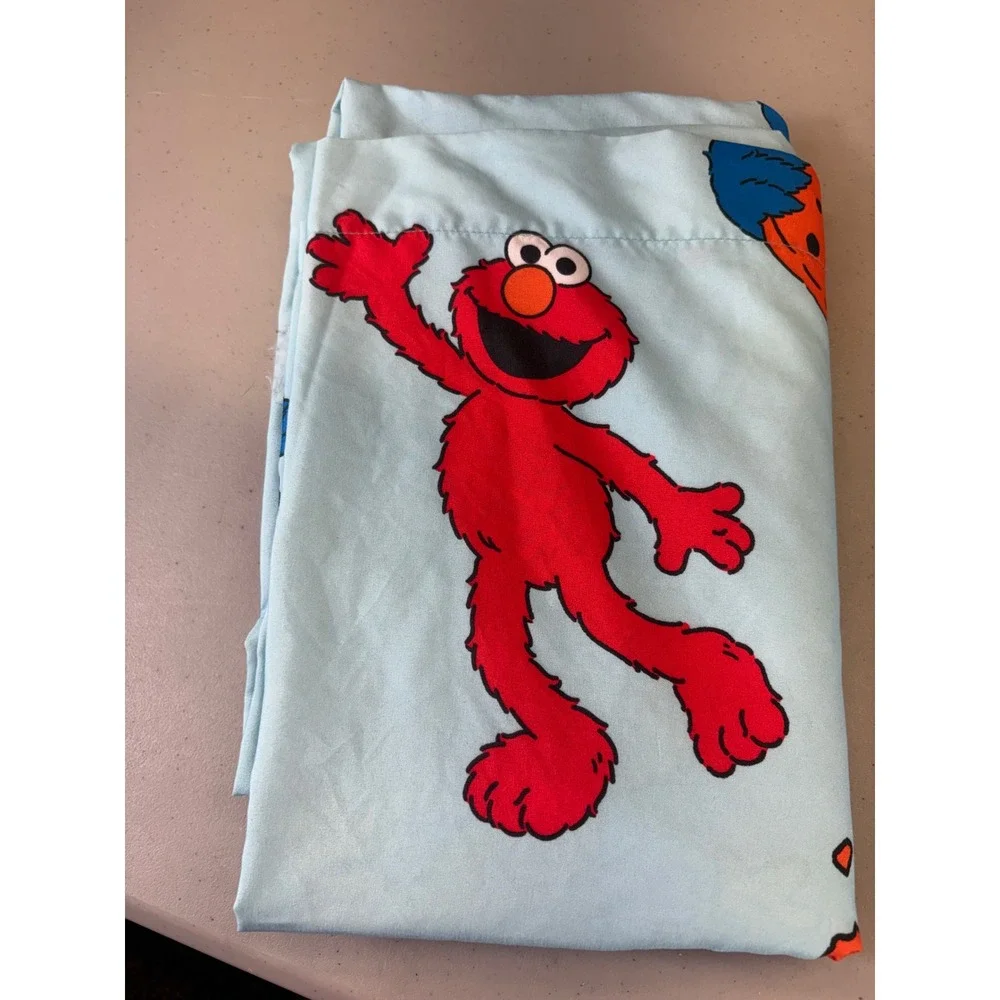 Sesame Street Twin Top Flat Sheet Elmo Cookie Monster Big Bird Blue Flat Bed